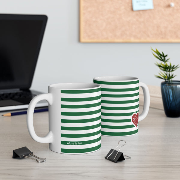 Striped Green Ceramic Mug with Red Heart Accent — 11oz & 15oz