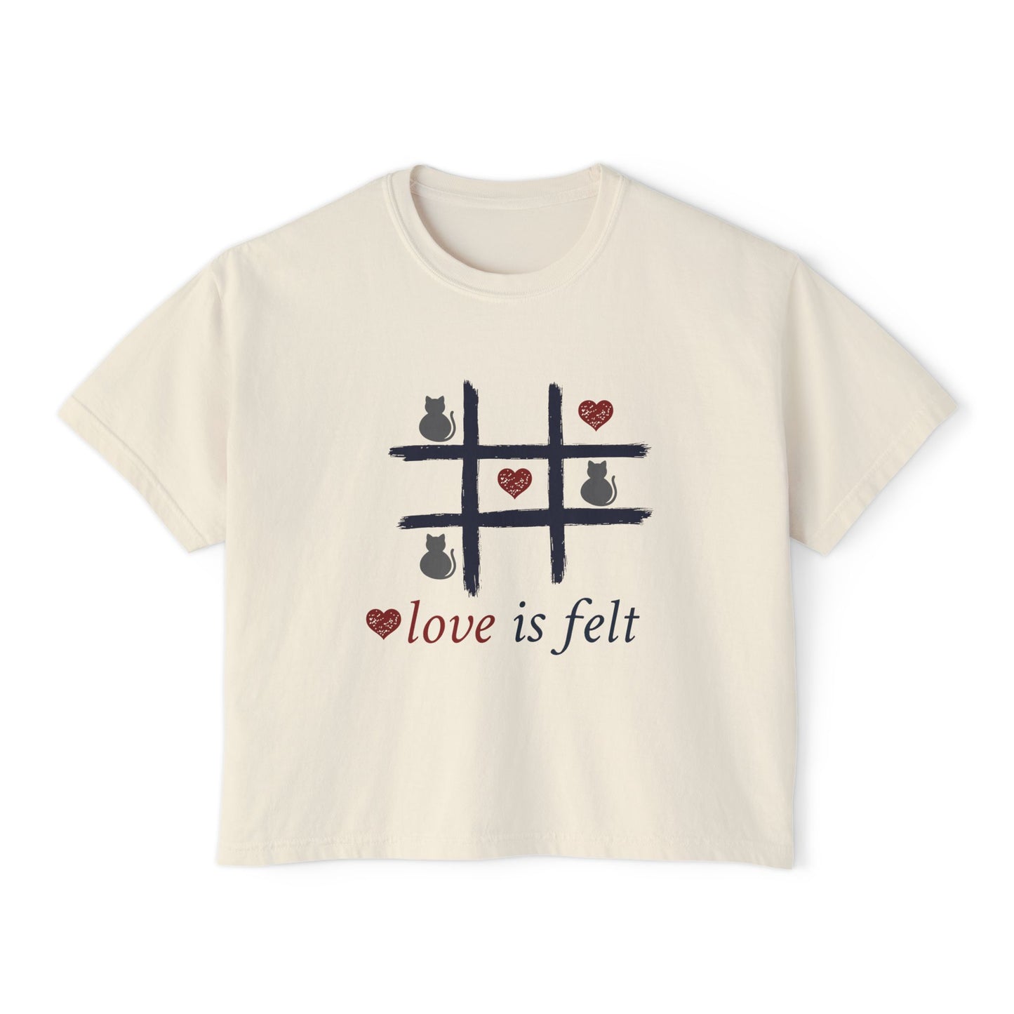 Cute Grey Cat-Themed Women's Boxy Tee, Casual Shirt, Gift for Cat Lovers, Birthday, Pet Lovers, Everyday Wear, Love is Felt
