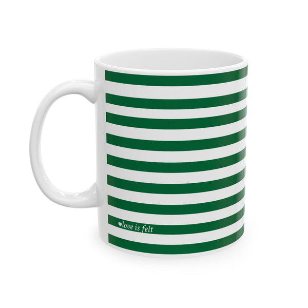 Striped Green Ceramic Mug with Red Heart Accent — 11oz & 15oz