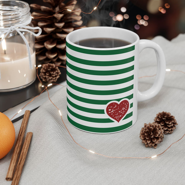Striped Green Ceramic Mug with Red Heart Accent — 11oz & 15oz