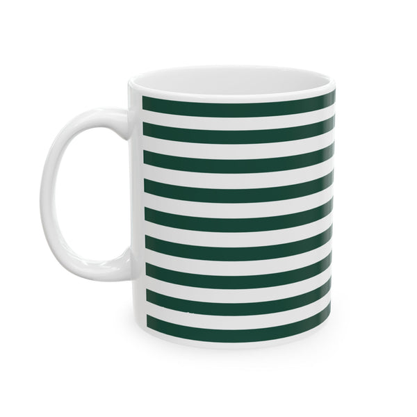 Striped Green Dog and Heart Ceramic Mug — 11oz Coffee Cup