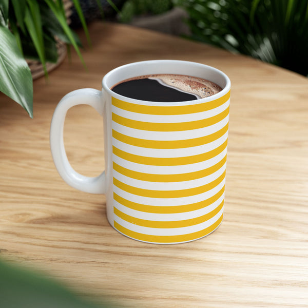 Yellow Striped Ceramic Mug with Heart Accent — Cute Coffee Tea Cup (11oz, 15oz)