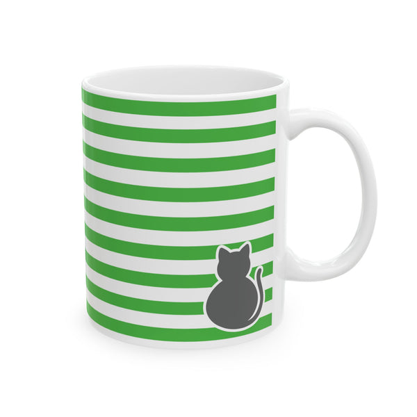 Striped Green Cat Ceramic Mug — Cute Cat Lover Coffee Cup
