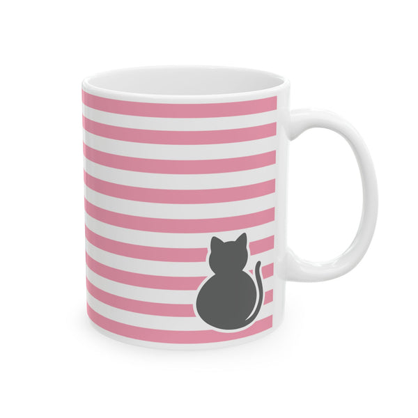Pink Stripe Cat Mug — Cute Ceramic Coffee Cup