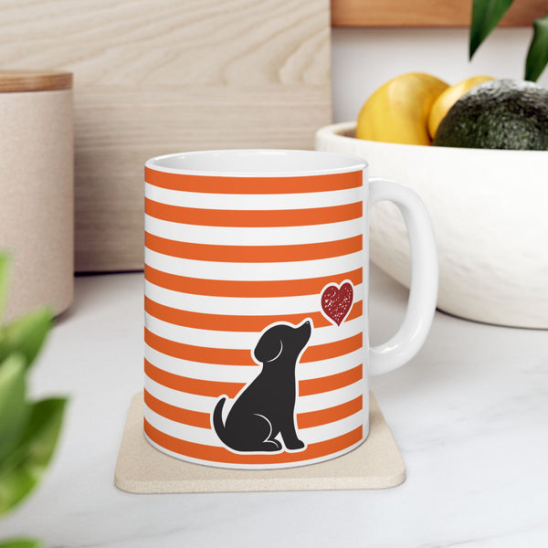 Striped Orange Dog and Heart Ceramic Mug — Halloween Black Dog and Heart Coffee Cup (11oz)