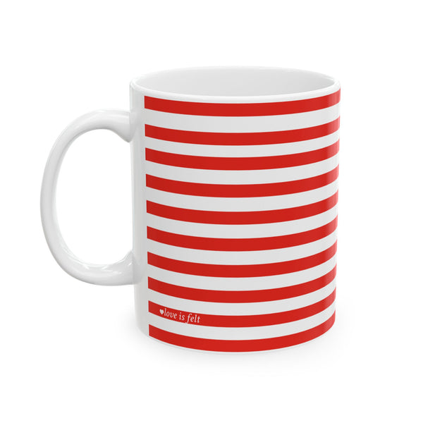 Cat Stripes Ceramic Mug — Red & White Striped Coffee Cup with Cute Cat Accent (11oz)