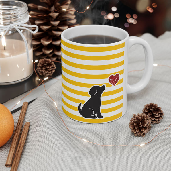 Yellow Striped Ceramic Mug with Heart Accent — Cute Coffee Tea Cup (11oz, 15oz)