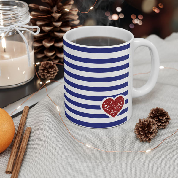 Blue Striped Heart Ceramic Mug — Classic Blue Candy -Stripe Coffee Cup (11oz ) - WP