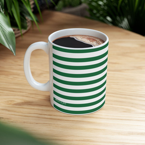 Striped Green Ceramic Mug — Classic Green White Stripe Coffee Cup (11oz) - WP