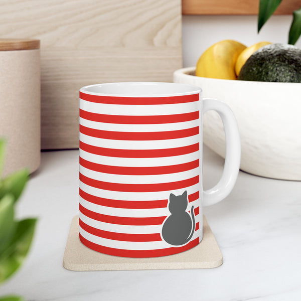 Cat Stripes Ceramic Mug — Red & White Striped Coffee Cup with Cute Cat Accent (11oz)