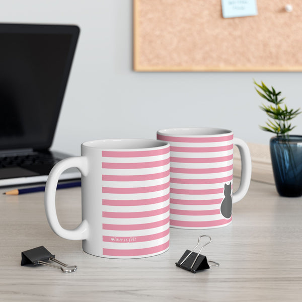 Pink Stripe Cat Mug — Cute Ceramic Coffee Cup
