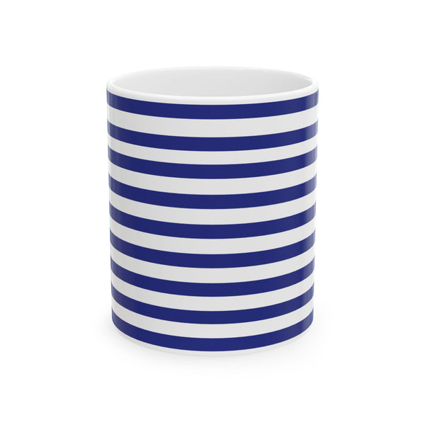 Heart Blue Striped Ceramic Mug — Classic Blue Nautical -Stripe Coffee Cup (11oz )