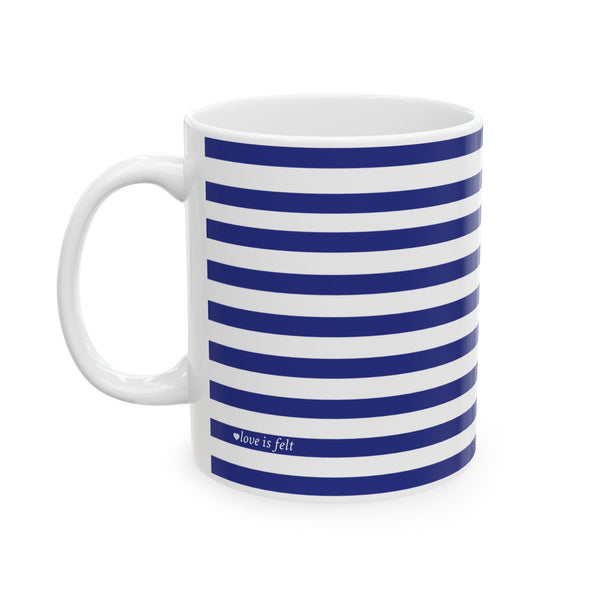 Heart Blue Striped Ceramic Mug — Classic Blue Nautical -Stripe Coffee Cup (11oz )