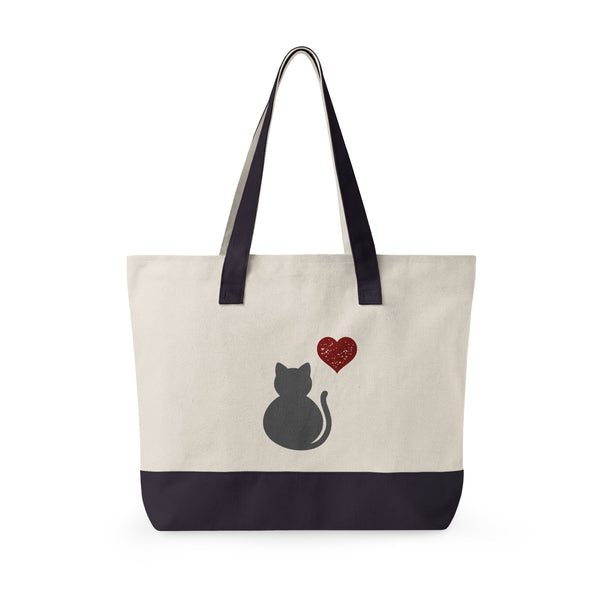 Canvas Tote — Grey Cat Heart Zippered Tote Bag