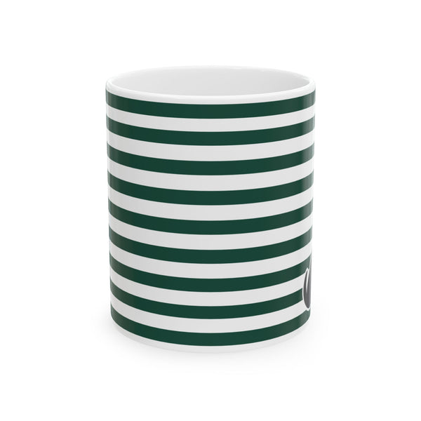 Striped Green Dog and Heart Ceramic Mug — 11oz Coffee Cup