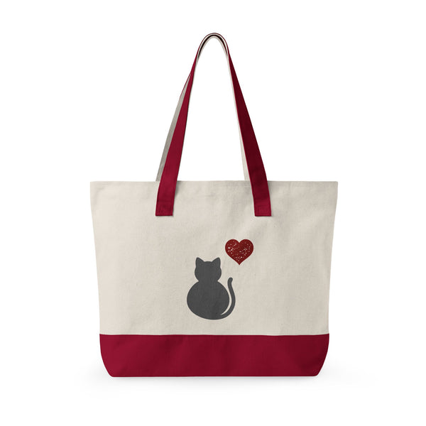 Canvas Tote — Grey Cat Heart Zippered Tote Bag