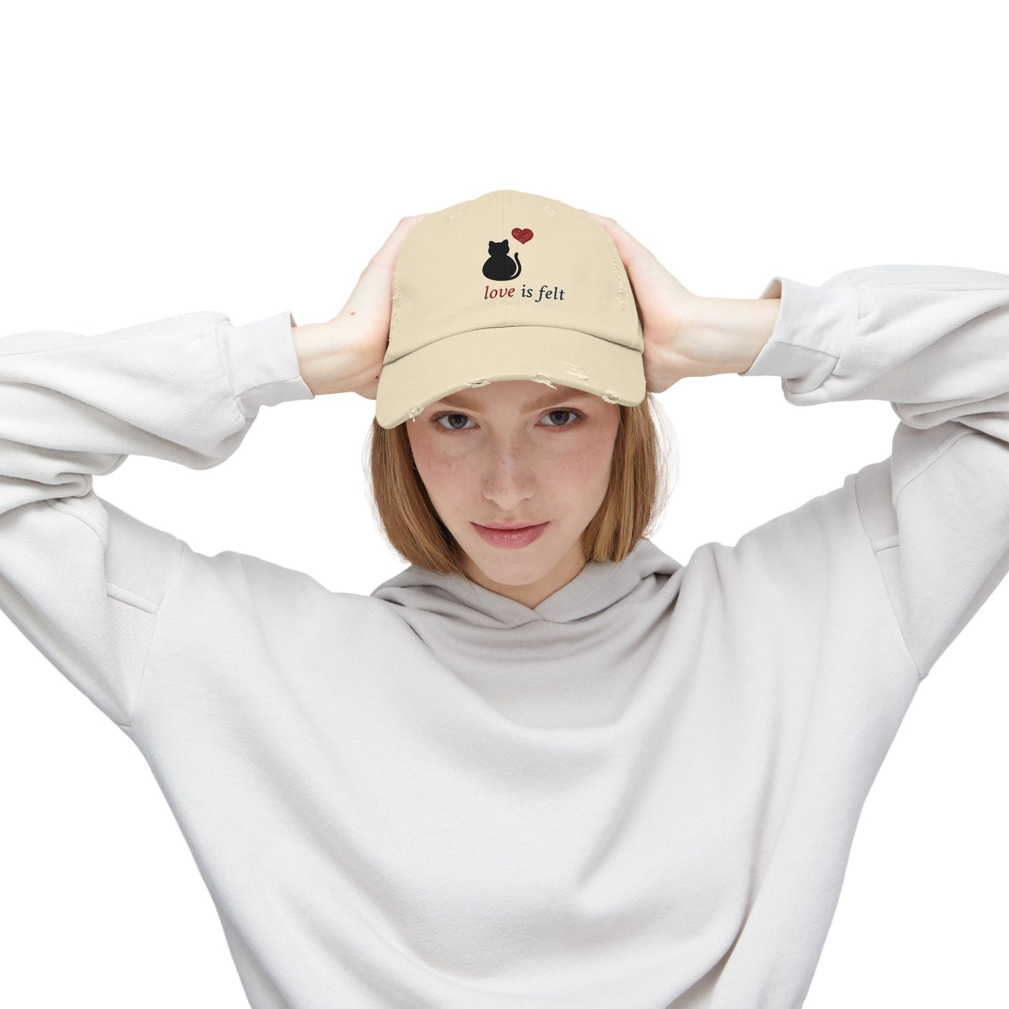 Distressed Cat Love Cap, Cute Cat Hat, Unisex Casual Cap, Gifts for Cat Lovers, Everyday Headwear, Valentine's Day Gift