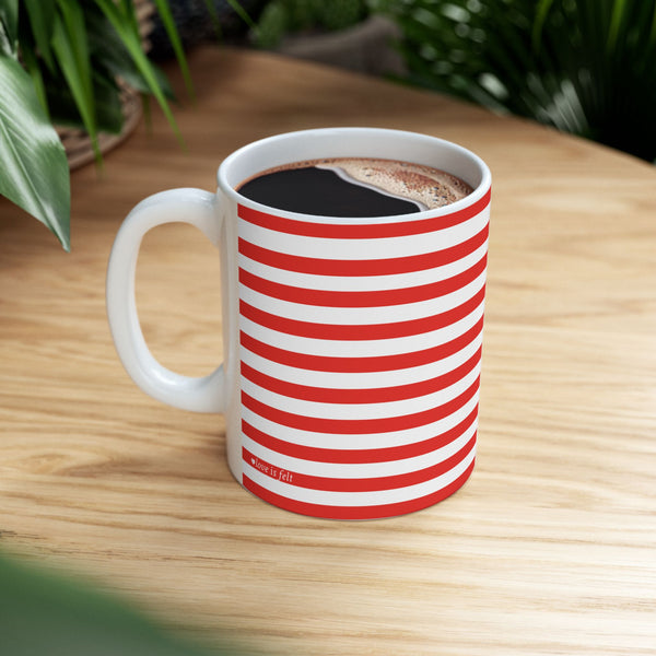 Cat Stripes Ceramic Mug — Red & White Striped Coffee Cup with Cute Cat Accent (11oz)