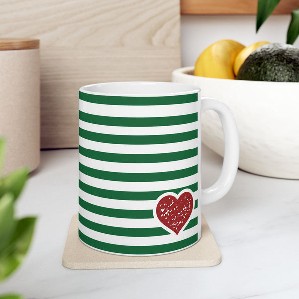 Striped Green Ceramic Mug with Red Heart Accent — 11oz & 15oz