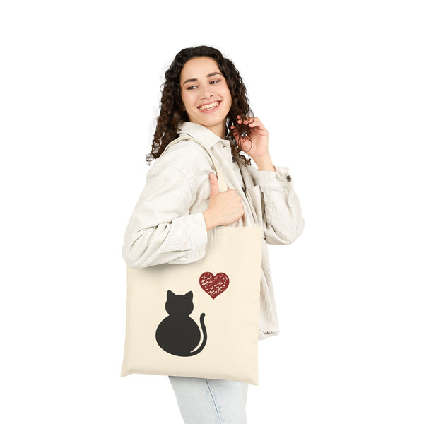 Black Cat and Heart Cotton Canvas Tote Bag
