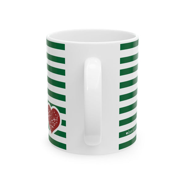 Striped Green Ceramic Mug with Red Heart Accent — 11oz & 15oz