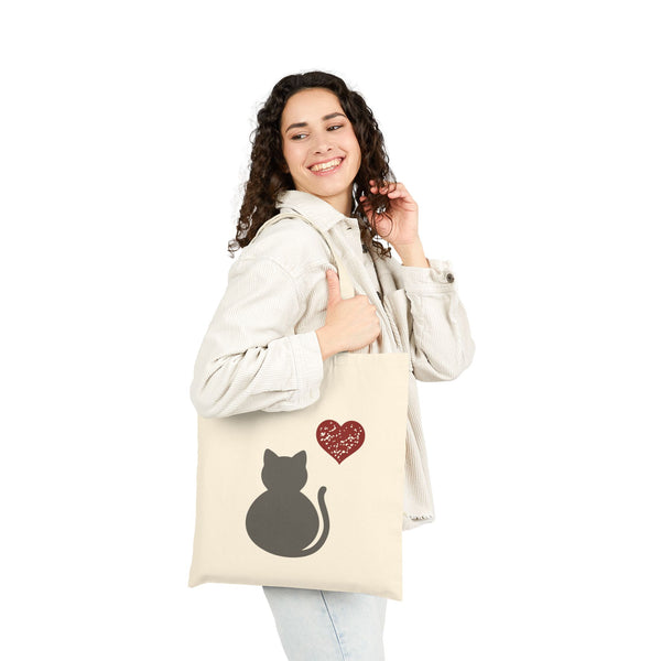 Grey Cat and Heart Cotton Canvas Tote Bag