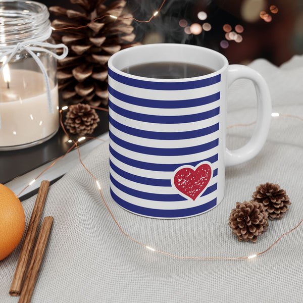 Heart Blue Striped Ceramic Mug — Classic Blue Nautical -Stripe Coffee Cup (11oz )