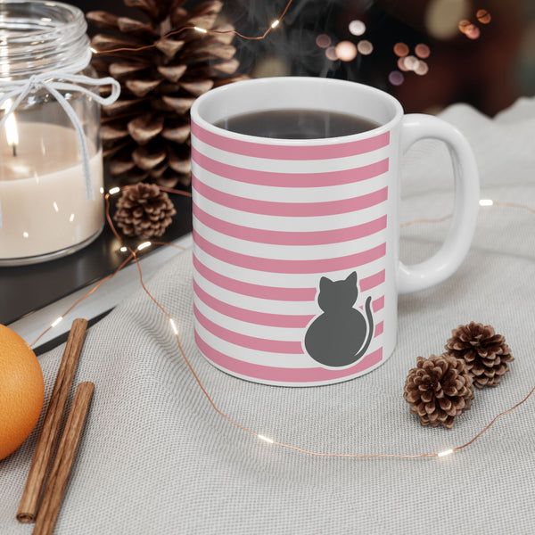 Pink Stripe Cat Mug — Cute Ceramic Coffee Cup