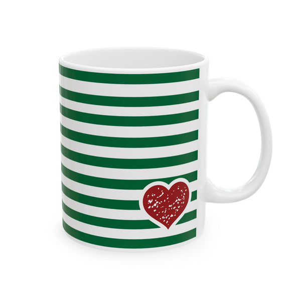 Striped Green Ceramic Mug with Red Heart Accent — 11oz & 15oz