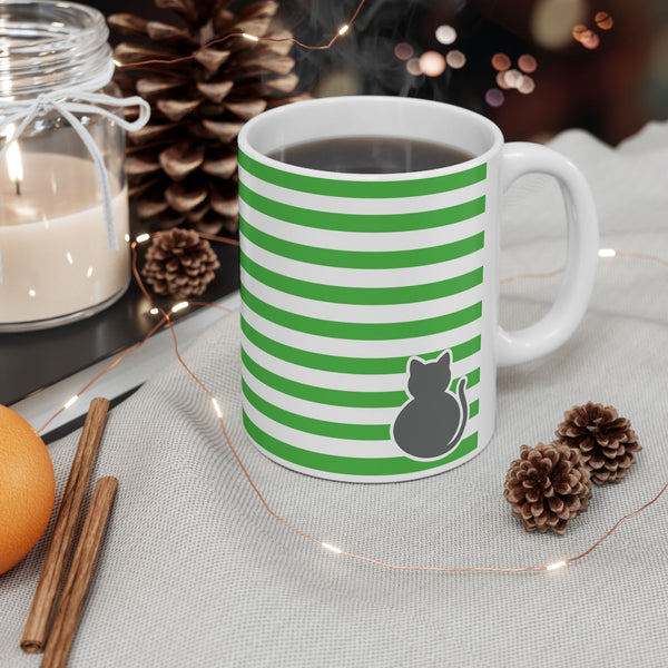 Striped Green Cat Ceramic Mug — Cute Cat Lover Coffee Cup  - WP