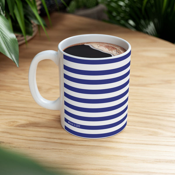 Heart Blue Striped Ceramic Mug — Classic Blue Nautical -Stripe Coffee Cup (11oz )