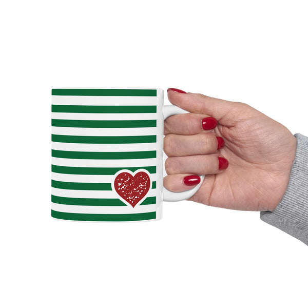 Striped Green Ceramic Mug with Red Heart Accent — 11oz & 15oz