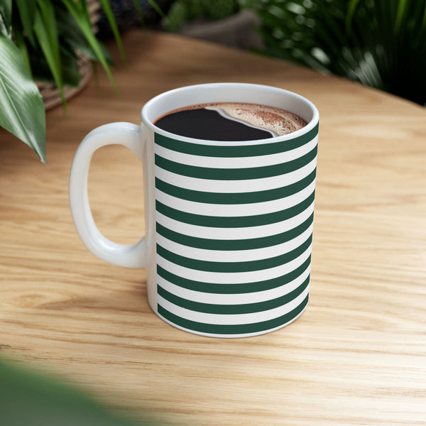 Striped Green Dog and Heart Ceramic Mug — 11oz Coffee Cup