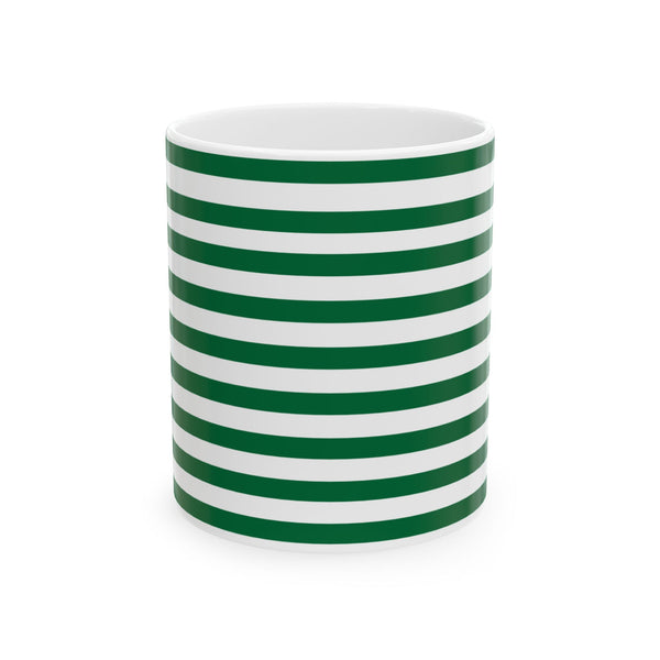 Striped Green Ceramic Mug — Classic Green White Stripe Coffee Cup (11oz)