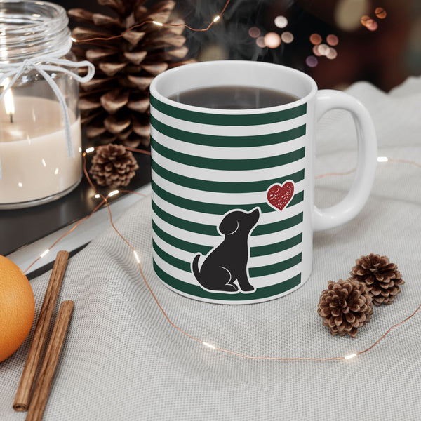 Striped Green Dog and Heart Ceramic Mug — 11oz Coffee Cup
