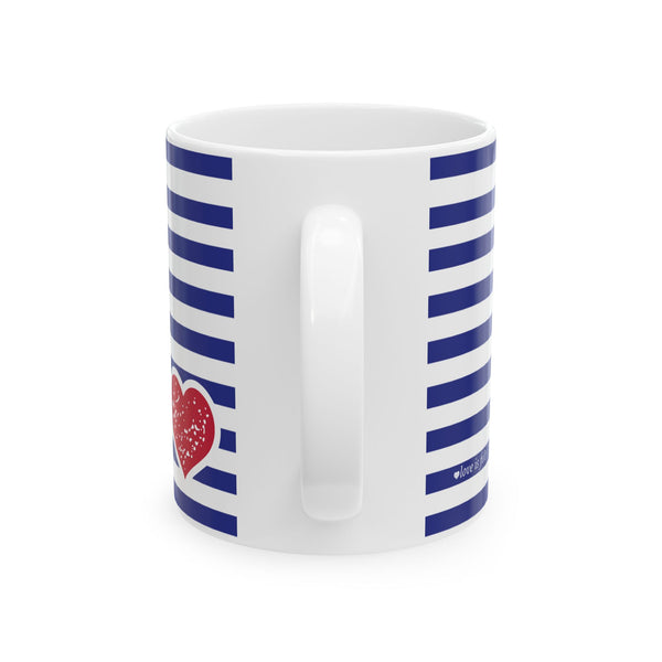 Heart Blue Striped Ceramic Mug — Classic Blue Nautical -Stripe Coffee Cup (11oz )