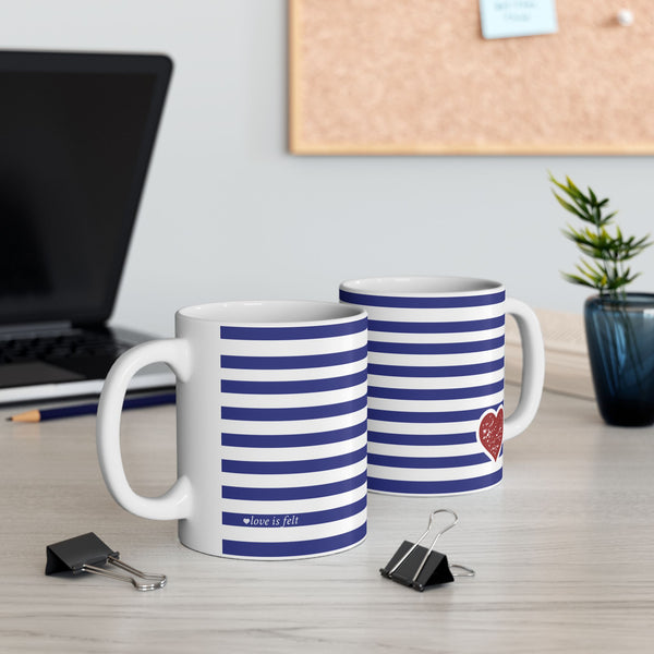 Heart Blue Striped Ceramic Mug — Classic Blue Candy -Stripe Coffee Cup (11oz )