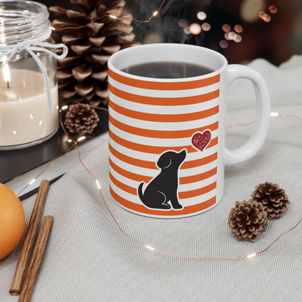Striped Orange Dog and Heart Ceramic Mug — Halloween Black Dog and Heart Coffee Cup (11oz)