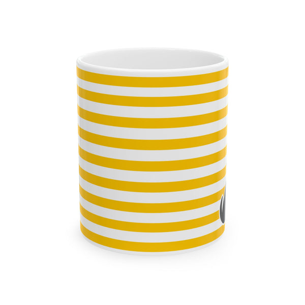 Yellow Striped Ceramic Mug with Heart Accent — Cute Coffee Tea Cup (11oz, 15oz)