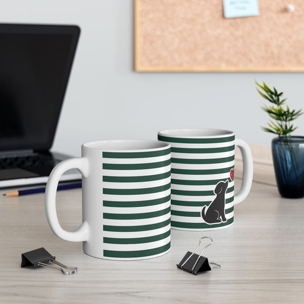 Striped Green Dog and Heart Ceramic Mug — 11oz Coffee Cup