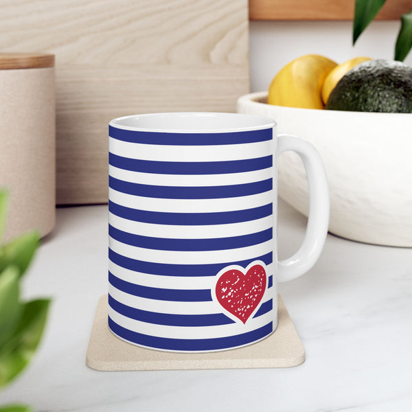 Heart Blue Striped Ceramic Mug — Classic Blue Nautical -Stripe Coffee Cup (11oz )