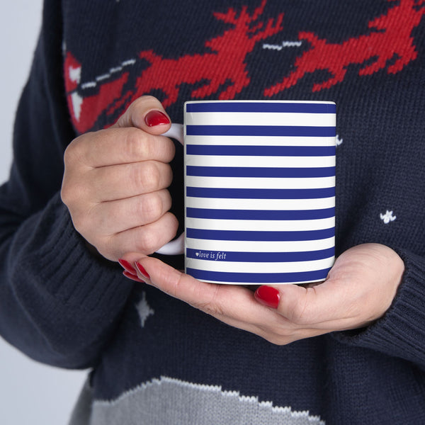 Heart Blue Striped Ceramic Mug — Classic Blue Nautical -Stripe Coffee Cup (11oz )