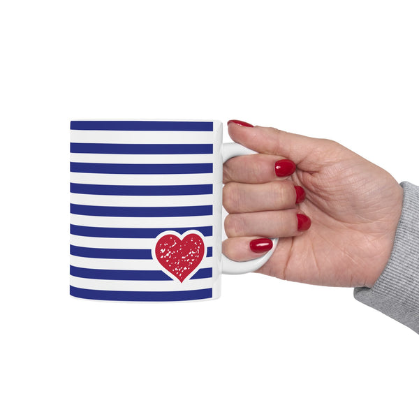 Heart Blue Striped Ceramic Mug — Classic Blue Nautical -Stripe Coffee Cup (11oz )