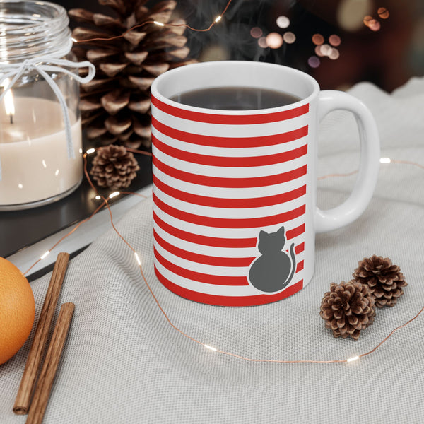 Cat Stripes Ceramic Mug — Red & White Striped Coffee Cup with Cute Cat Accent (11oz)