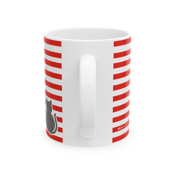 Cat Stripes Ceramic Mug — Red & White Striped Coffee Cup with Cute Cat Accent (11oz)