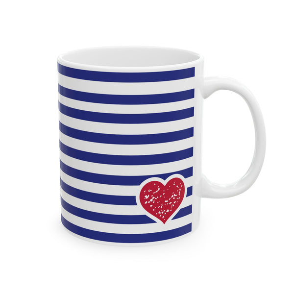 Heart Blue Striped Ceramic Mug — Classic Blue Nautical -Stripe Coffee Cup (11oz )