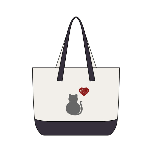 Canvas Tote — Grey Cat Heart Zippered Tote Bag