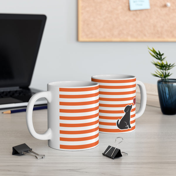 Striped Orange Dog and Heart Ceramic Mug — Halloween Black Dog and Heart Coffee Cup (11oz)