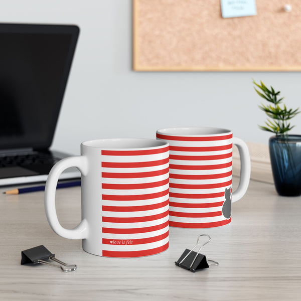 Cat Stripes Ceramic Mug — Red & White Striped Coffee Cup with Cute Cat Accent (11oz)