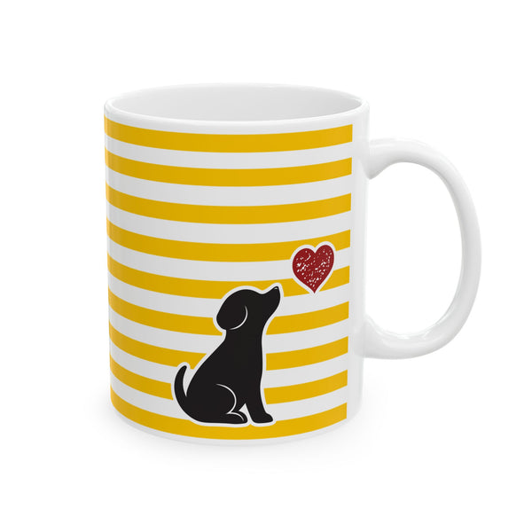 Yellow Striped Ceramic Mug with Heart Accent — Cute Coffee Tea Cup (11oz, 15oz)